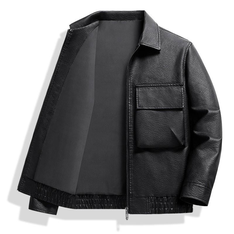 Mens Faux Leather Jacket Windproof Casual Oversized Workwear Coat With Lapel Collar Multiple Pockets
