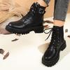 2025 Autumn Women's British Style Thick-Soled Plus Size Leather Buckle Lace-Up Ankle Martin Boots