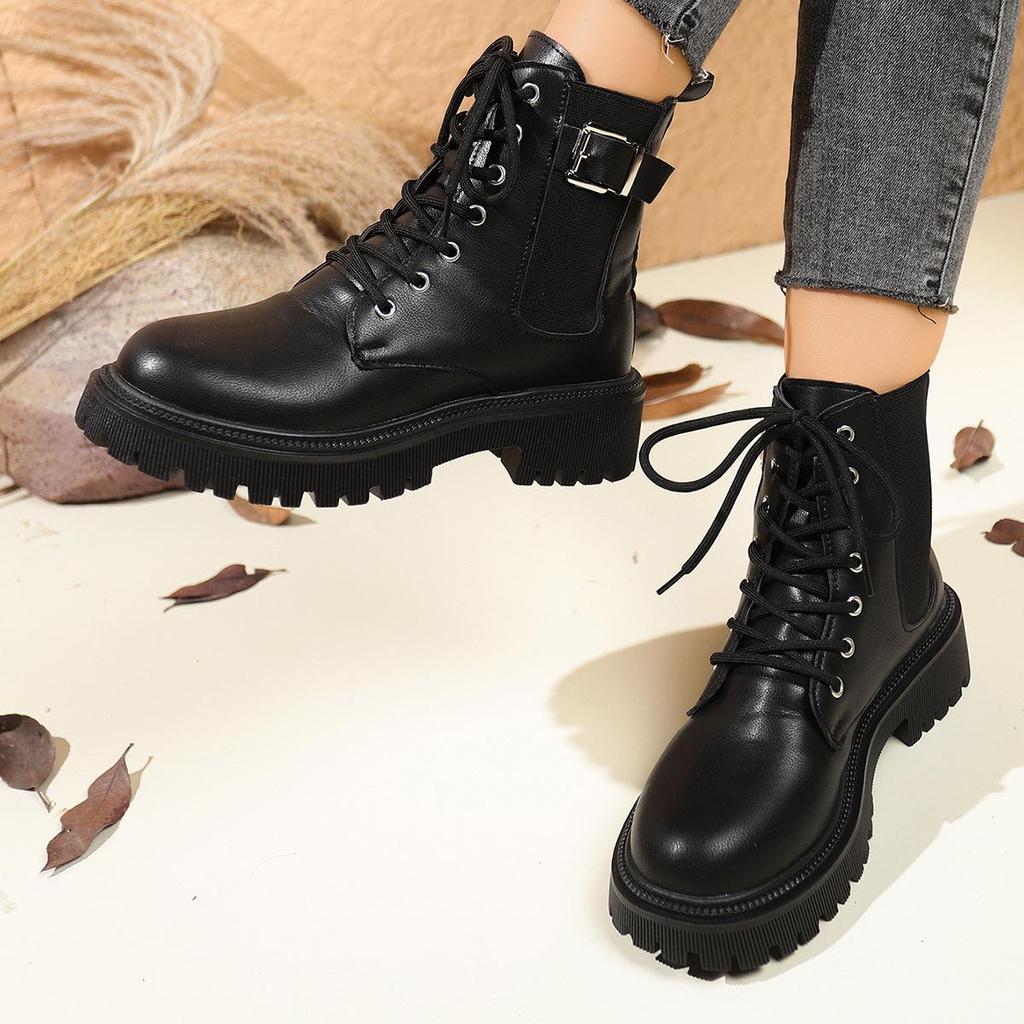 2025 Autumn Women's British Style Thick-Soled Plus Size Leather Buckle Lace-Up Ankle Martin Boots