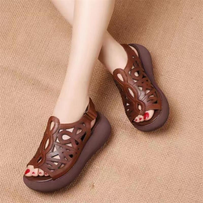 Retro Ethnic Peep-Toe Wedge Sandals for Women – Platform, Thick Sole, Suitable for Middle-Aged and Elderly