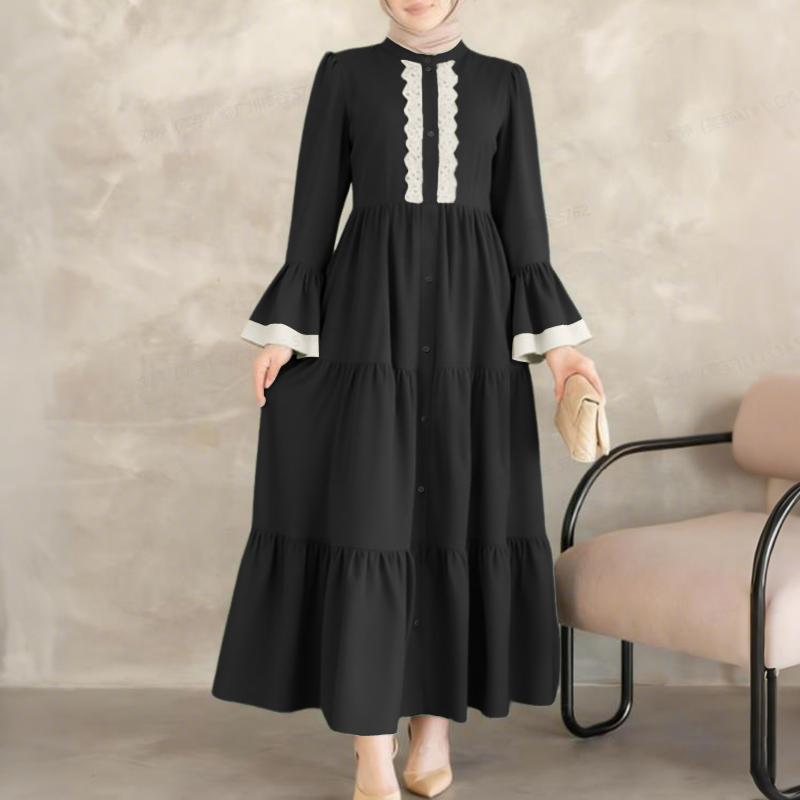 ZANZEA Damen Elegantes Spitze Patchwork Lässiges Stehkragen Ausgestelltes Langes Ärmel Lockeres Kleid