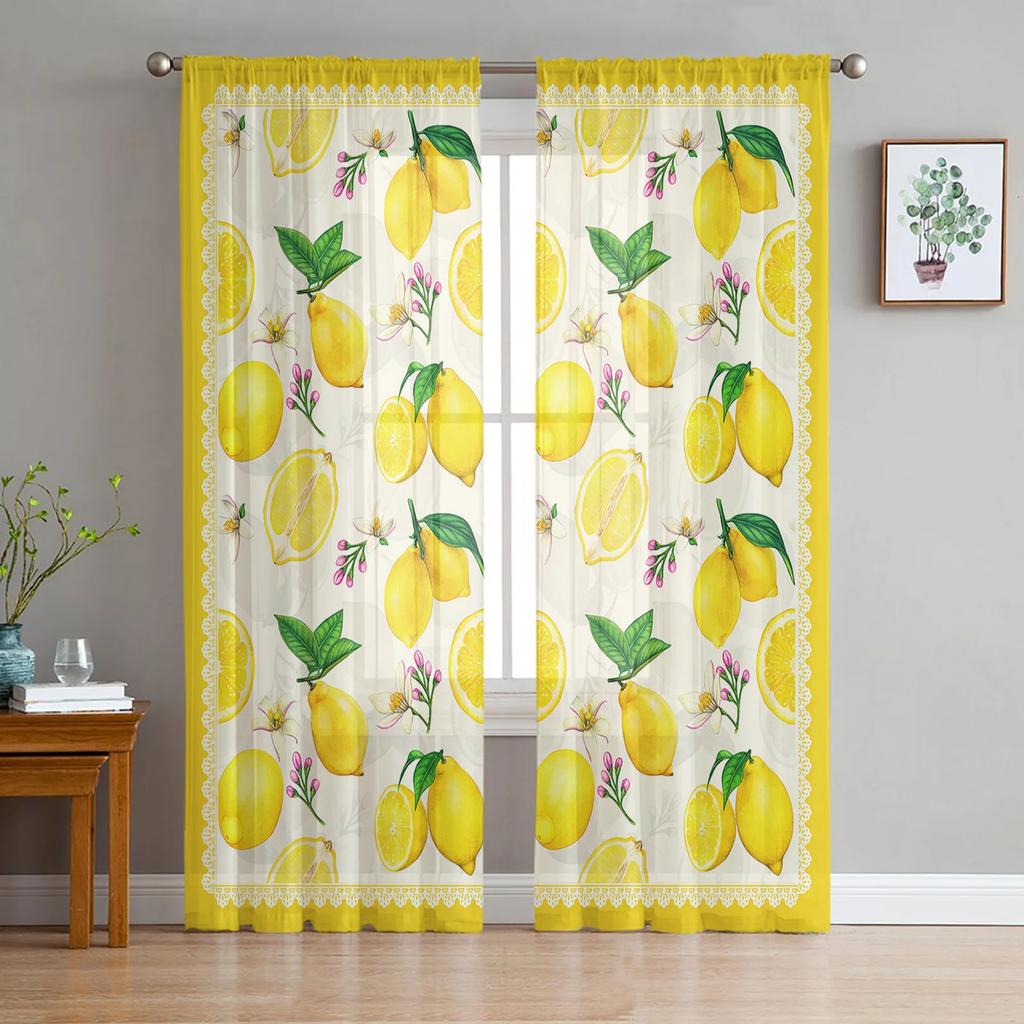 Summer Lemon Leaves Flowers Sheer Drapes ideal for Bedroom Space Living Room Decoration Window Opening Drape Kitchen Area Tulle Voile Organza Drapes