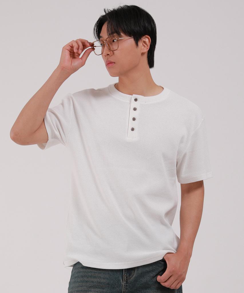 Dibellobeu Basic Henley Neck Waffle Short Sleeve T-Shirt_Ivory