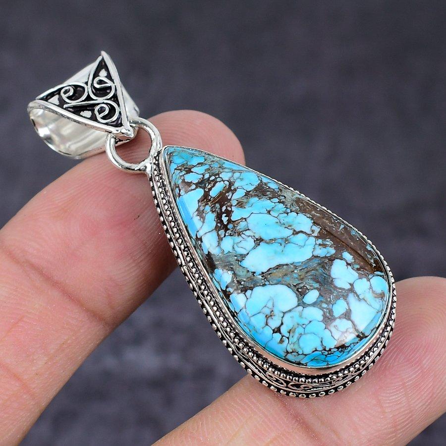 Přívěsek z přírodního tibetského tyrkysu ze sterlingového stříbra 925, 2,17" P6G38