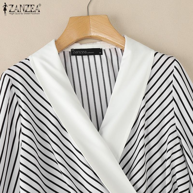 ZANZEA Blouse Décontractée Femme Col V Manches Longues Imprimé Rayures Lacée