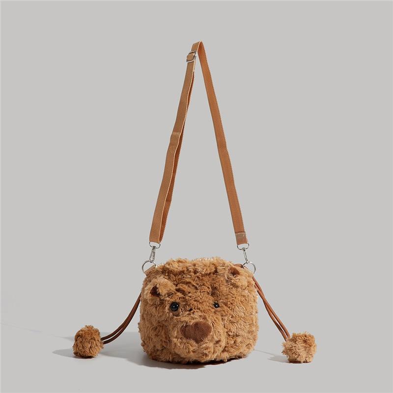 Cute Fluffy Bear Head Shoulder Bag For Women Soft Plush Bear Crossbody Mini Daily Hand Purse