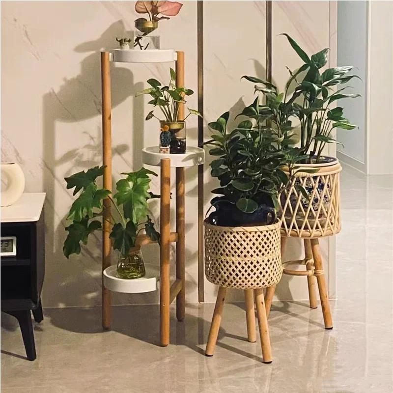 Indonesian Rattan Flower Rack Living Room Sofa Shelf Corner Plant Storage Stand Balcony Flowerpot Holder Elegant Storage Decor