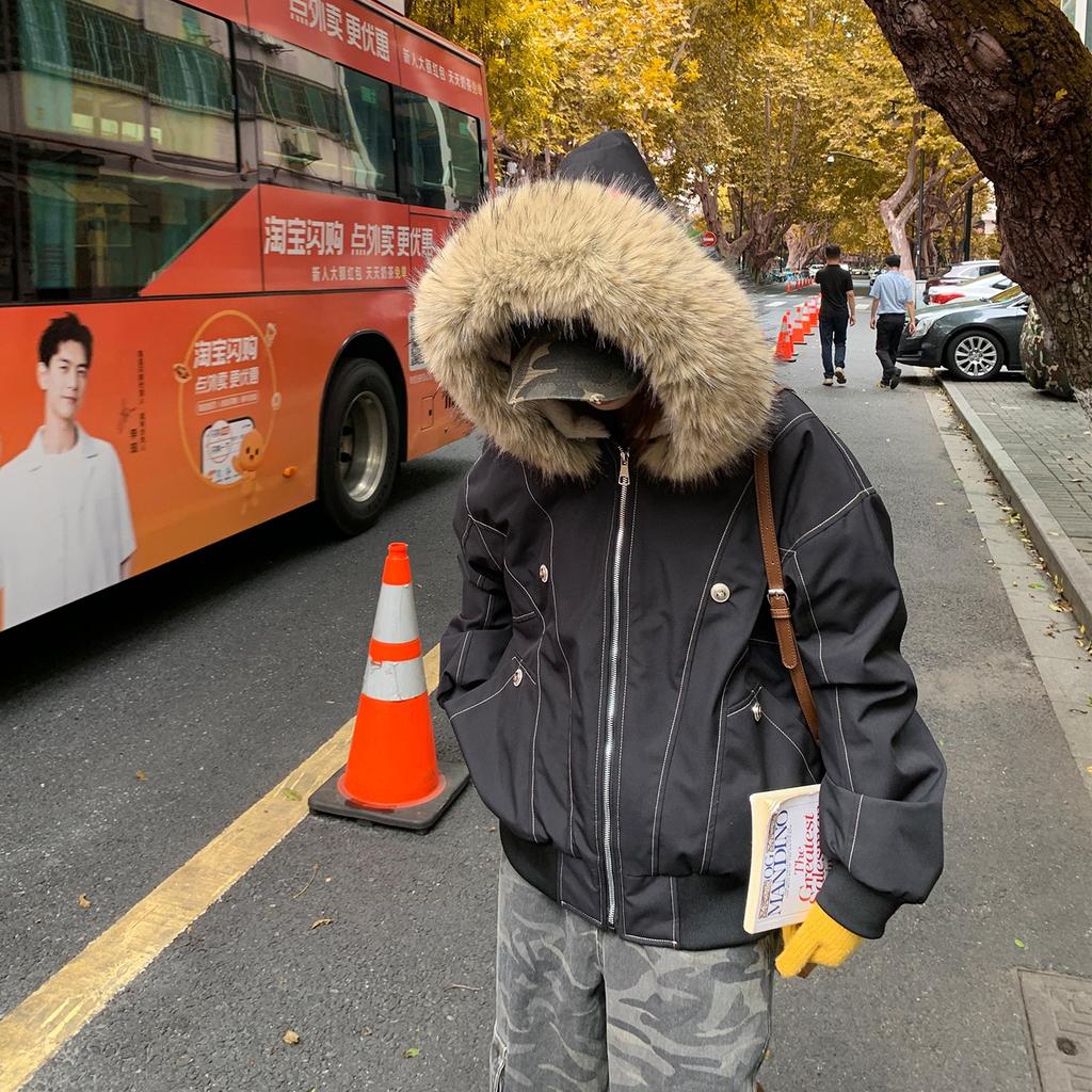 Winter retro big fur collar hooded pie overcomes women's full body lamb wool inside short loose tooling thickened cotton-padded clothes