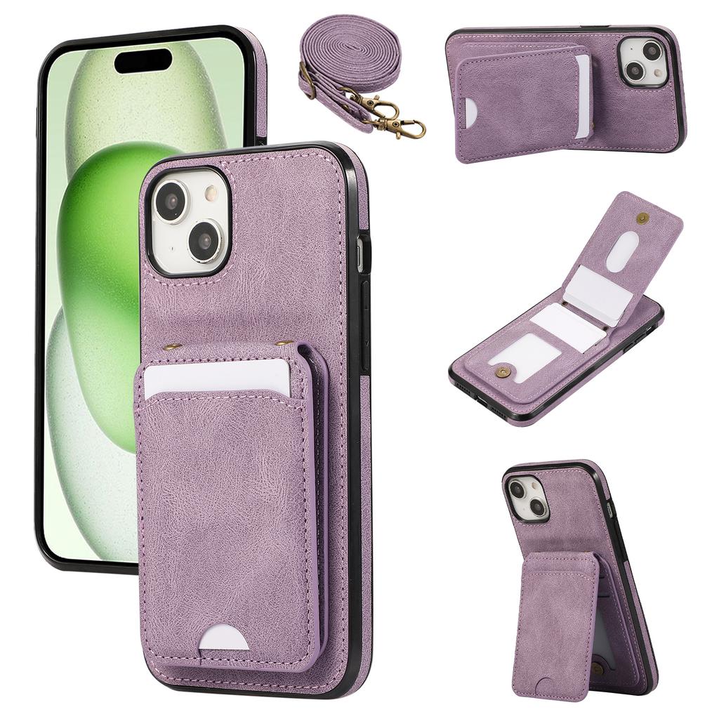 For iPhone 15 Case Card Holder Kickstand Leather+TPU Phone Cover with Shoulder Strap
