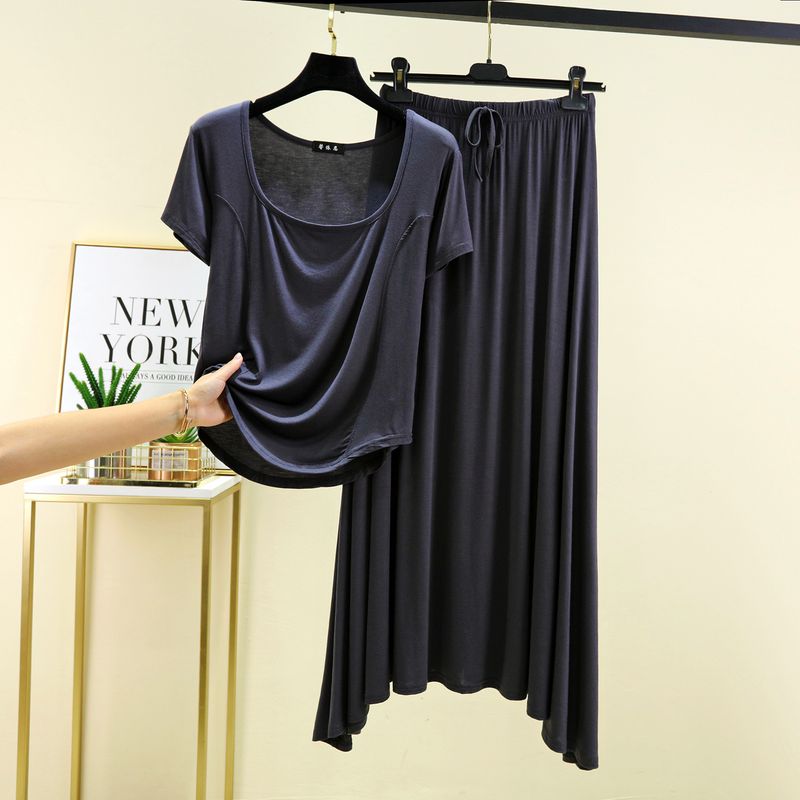 

Модальный костюм с футболкой с квадратным вырезом и короткими рукавами для женщин, летняя верхняя одежда, топ и юбка, комплект из двух предметов, повседневная одежда больших размеров Dark gray L (recommended 52.50 kg-57.50 kg