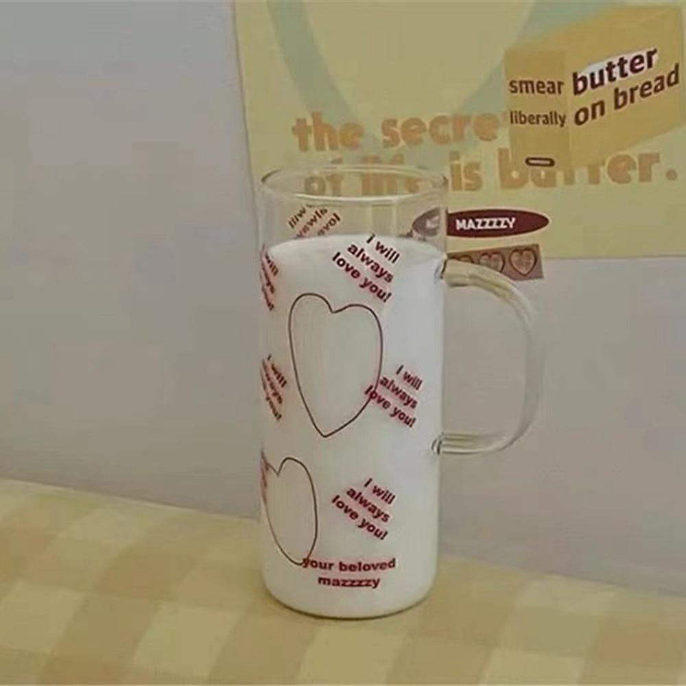 Glass Cup with Handle Korean Style Retro Red Love Letter Milk Cup