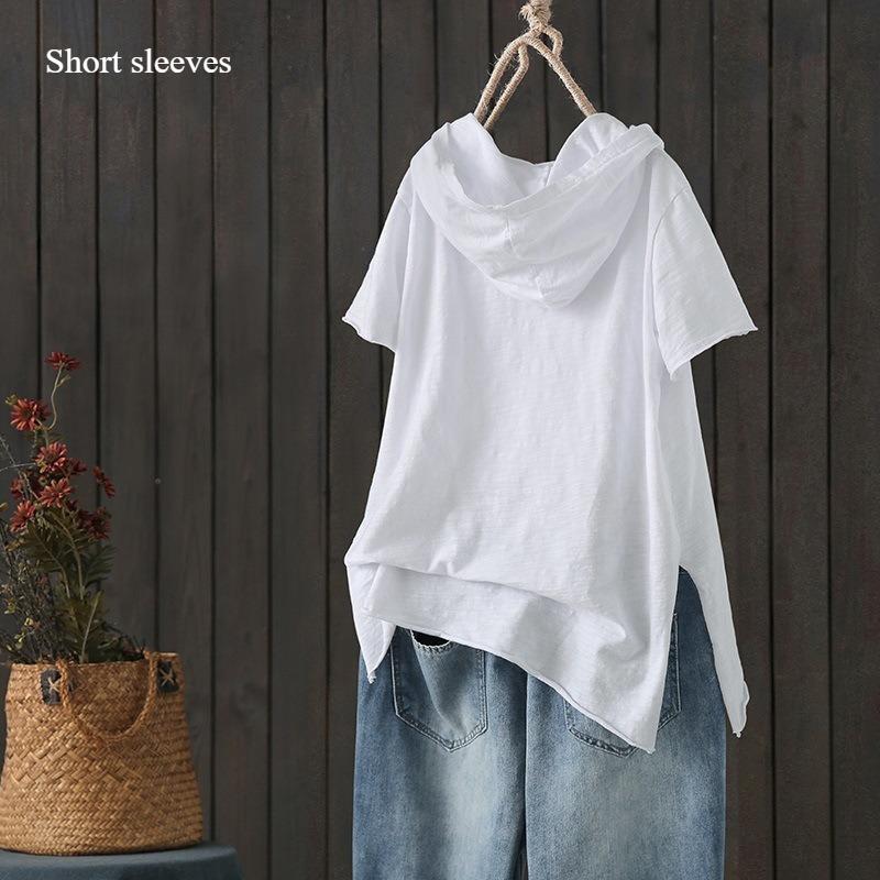 Cotton Hooded T-shirt Women's Spring and Autumn New Loose Long-sleeved Artistic Hole Casual Top To Show Thin Slit Bottom Shirt