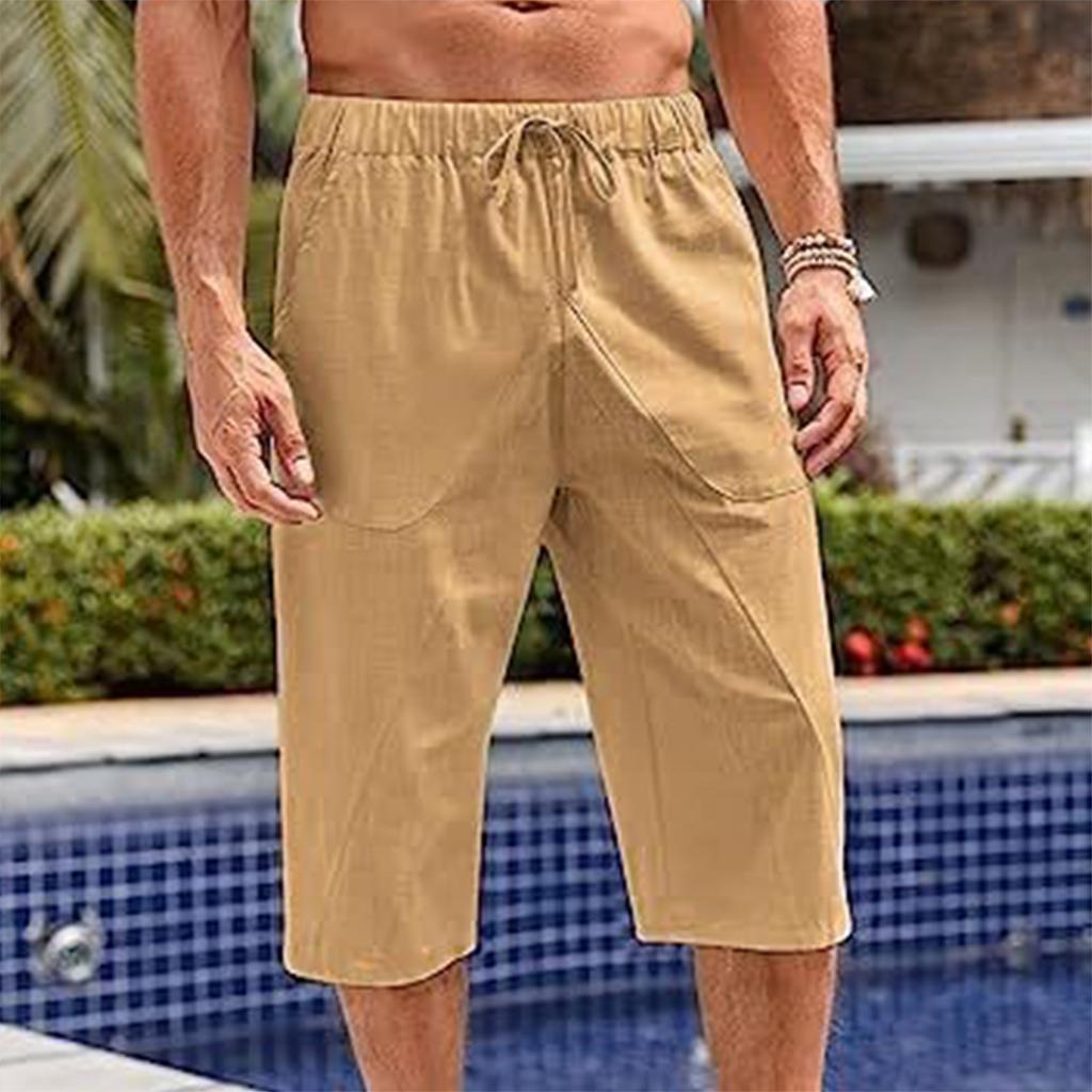 Pánské volné bavlněné a lněné kalhoty Plážové ležérní sportovní kalhoty Jednobarevné Sedmibodové šortky z bavlny a lnu