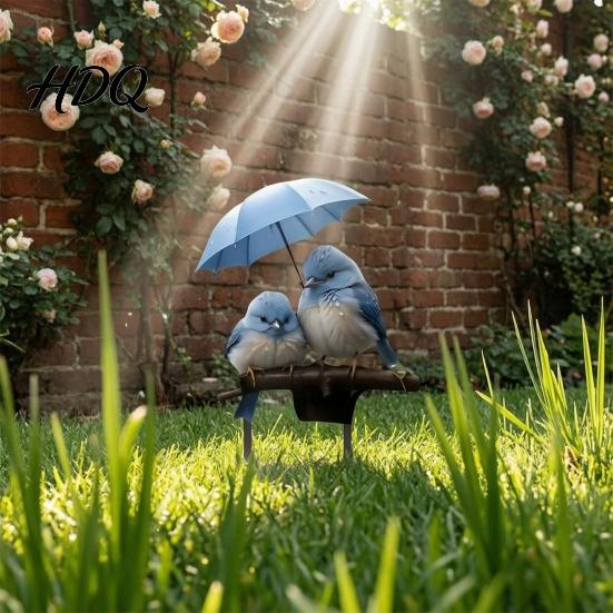 Waterproof Garden Stakes Blue Birds Stake Couple with Umbrella Yard Art Gifts for Bird Lovers Outdoor Ornament Lawn Flower Bed Decor Decoration