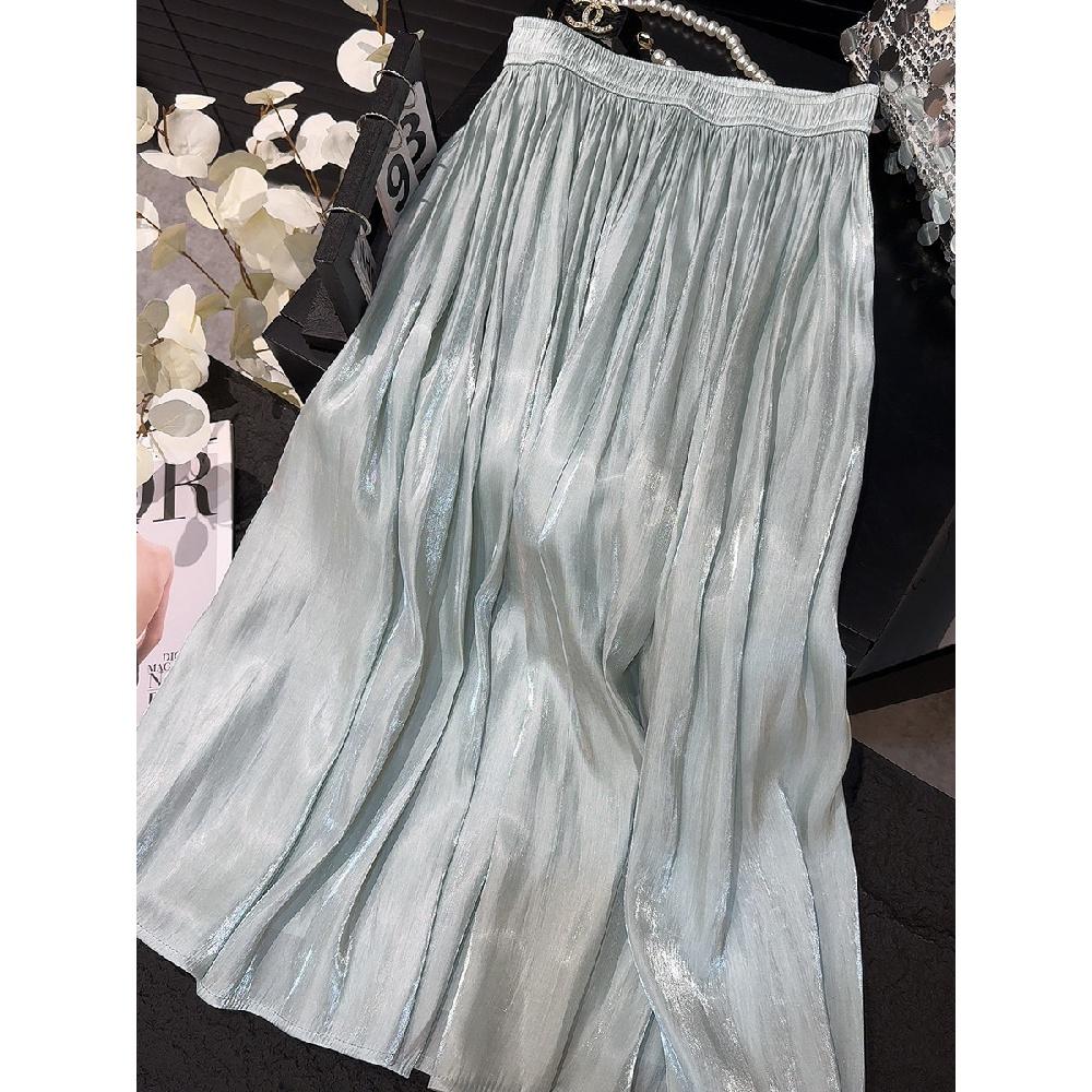 Retro Style Fashionable Pleated Drooping Slimming High Waist A- Line Skirt High-Grade Glossy Pearlescent Chiffon Pleated Skirt