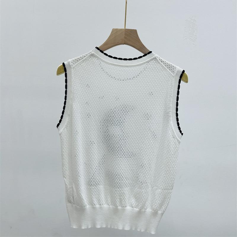 Summer Fashion Hollow Out Sweater Vest Sleeveless Moon Embroidery Knitted Top Women O-Neck Slim Black White Vest B-059