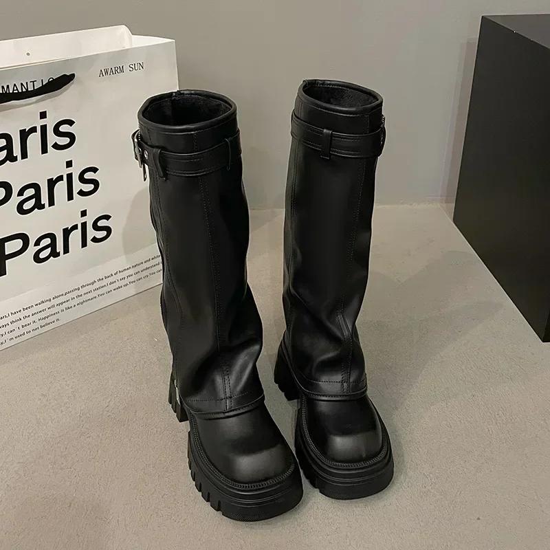 Fashion Winter Women Biker Boots Fashion Belt Buckle Ladies Elegant Platform Long Pipe Booties Casual Women's Knee High Booties