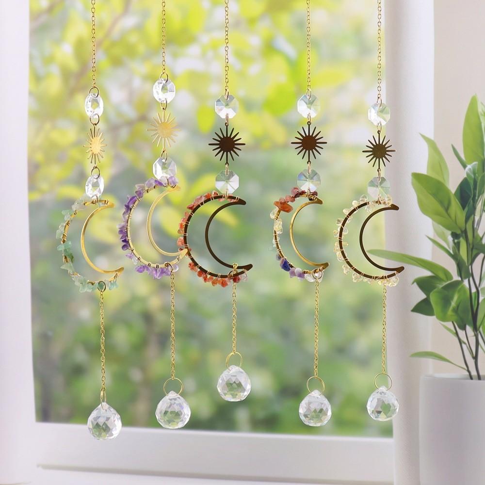 Sun Moon Crystal Pendant With Handwoven Craft For Home Decor And Gift