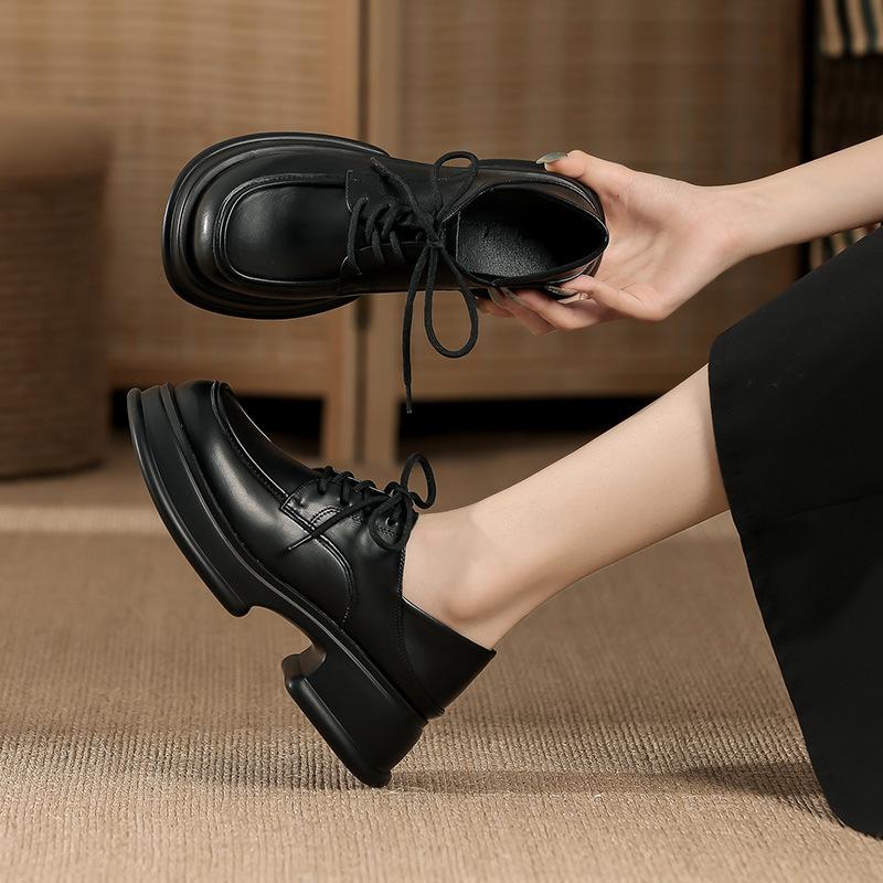 New retro black single shoes women's autumn round head lace-up versatile platform small leather shoes