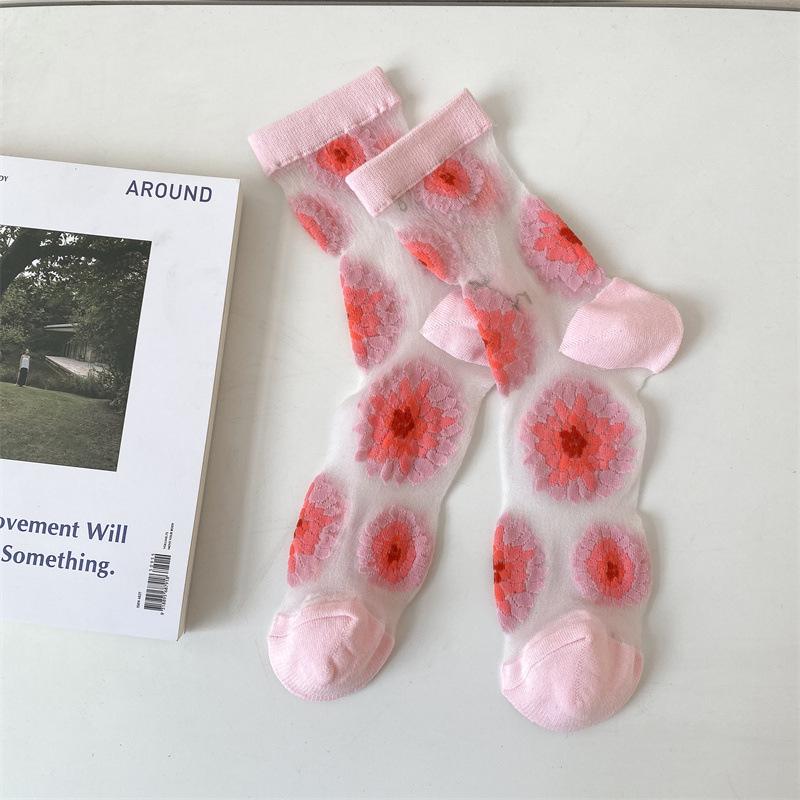 Crystal Silk Socks Women Summer Ultra-thin Transparent Nylon Long Socks Floral Embroidery Japanese Kawaii Cute Mesh Lace Socks