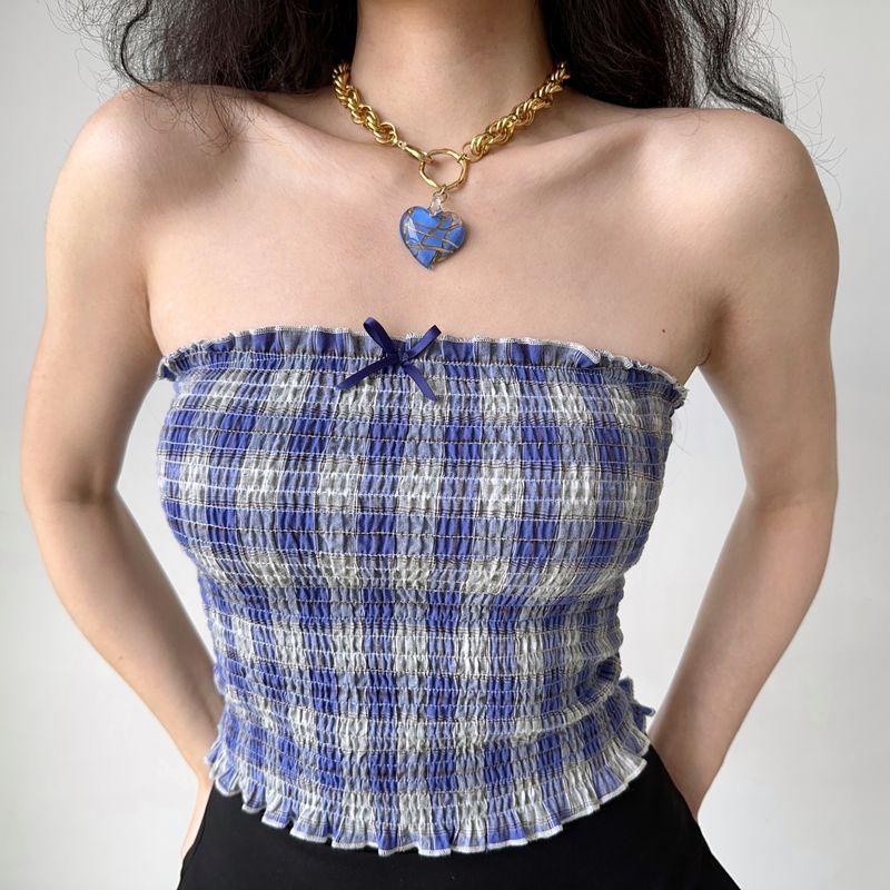 

Fashion Wind Retro Blue Gingham Smocking Outwear Tube Top Blue grid XL