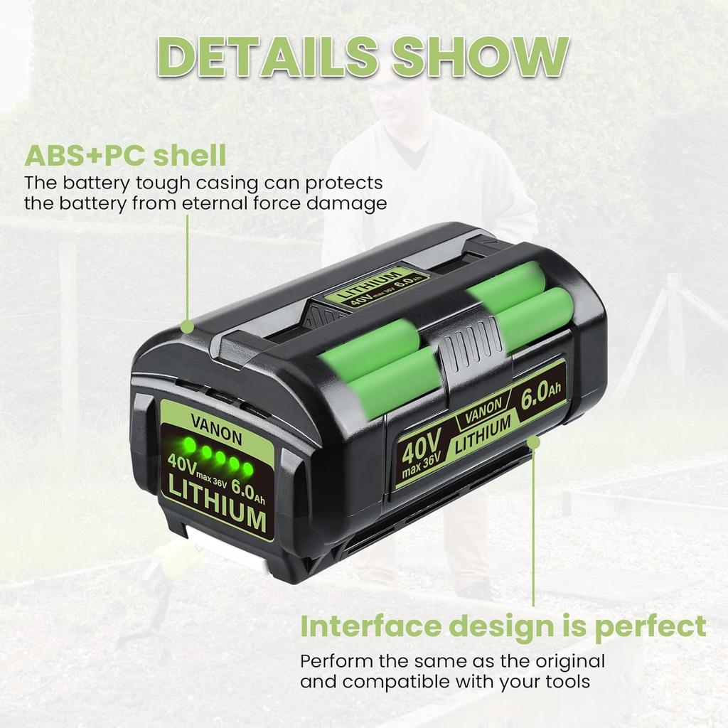 VANON 1 Pack OP4060 40V 6.0Ah Replacement for Ryobi Battery Lithium Ion Compatible with OP4015 OP4026 OP40201 OP40261OP4030 OP4040 OP40401 OP4050
