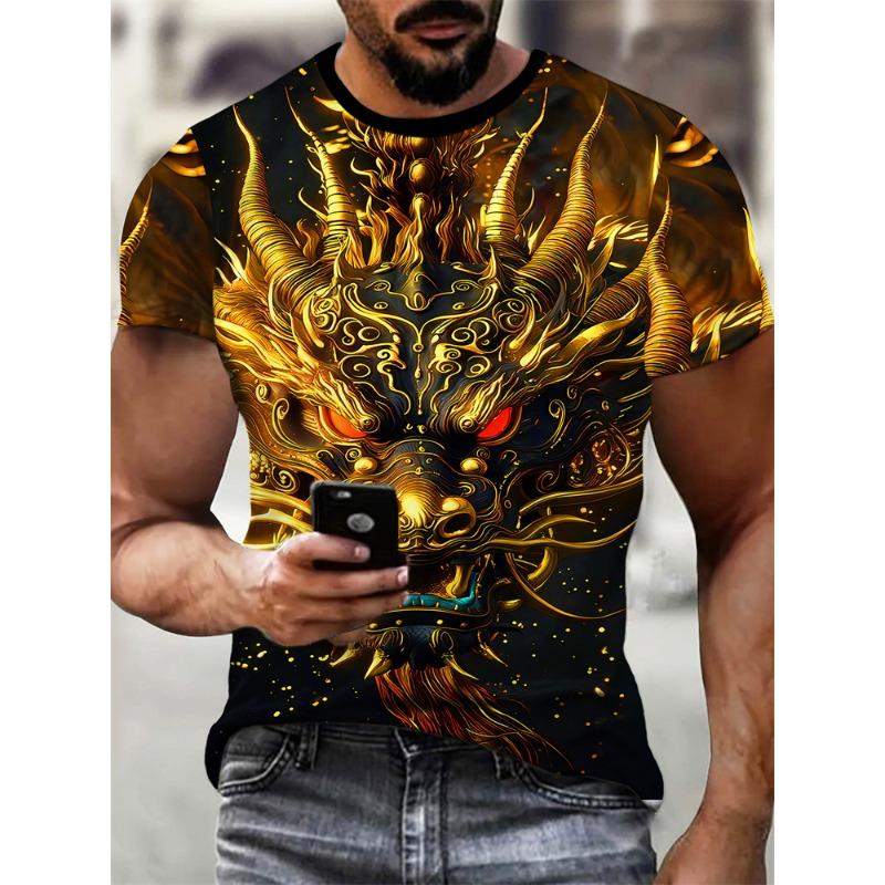 2025 New Men's 3D Dragon Print T-shirt Casual Short-sleeved Pullover Polyester Round-neck Summer Outdoor Clothing Adult Size