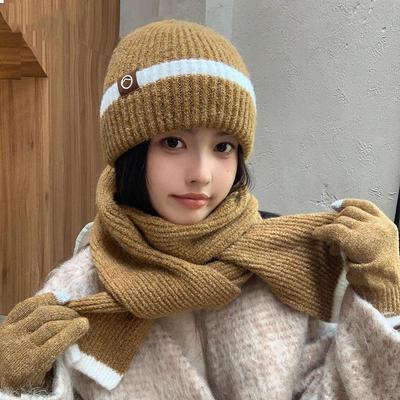Women Autumn Winter Warm Thicken Ear Protector Hat Scarf Gloves Three Piece Set Outdoor Knitted Hat Sets Sweet Cute Cap
