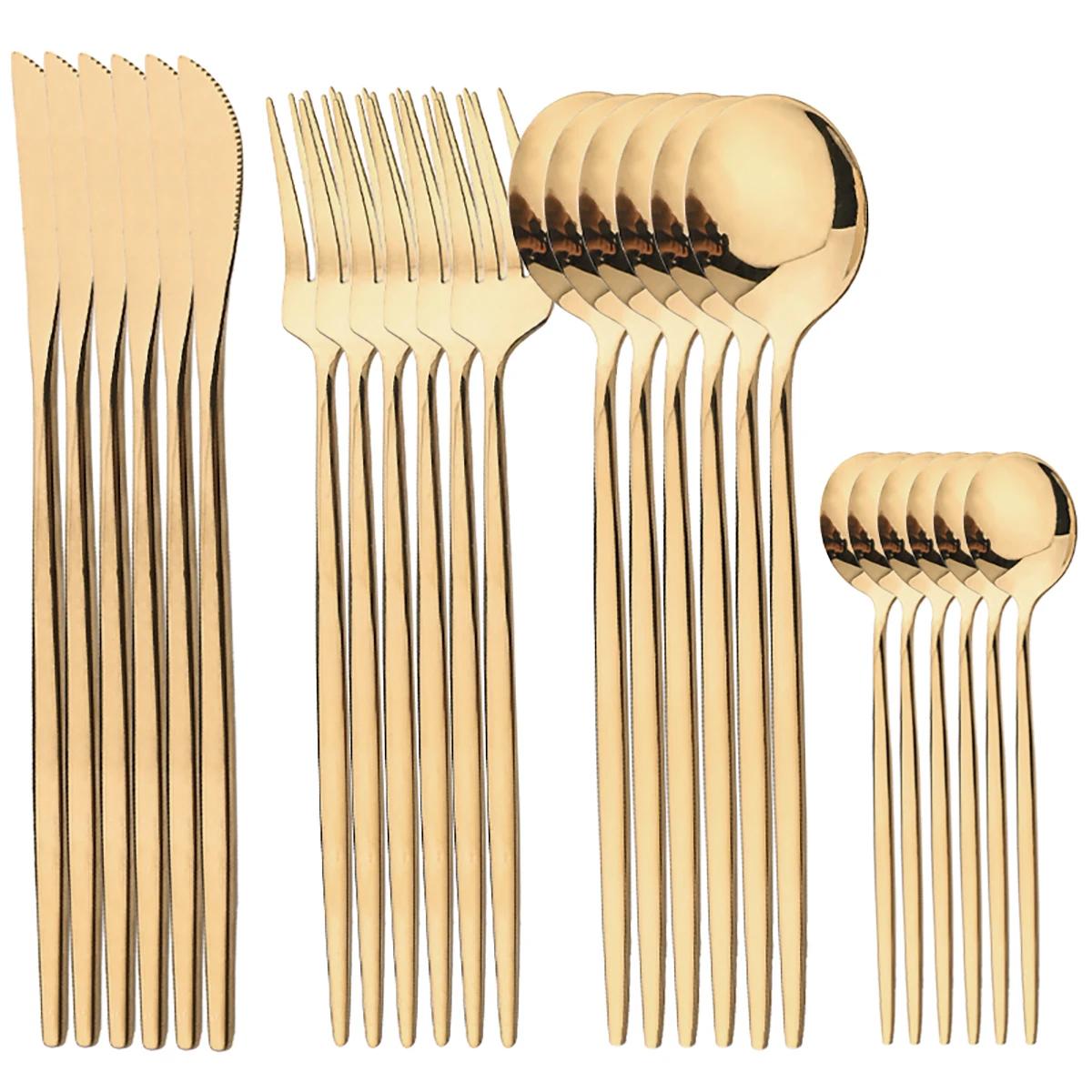 

24pcs Tableware Set Stainless Steel Dinnerware Set Gold Mirror Fork Knife Coffee Spoon Cutlery Flatware Set Western Kitchen золотой