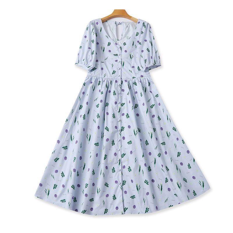 

Print Dress Summer New Foreign Trade Women clothes V-neck Single-Breasted Bubble Short sleeve A Word Midi dress 32639 Blue and purple bottom flower B- 17-34-5 All yards