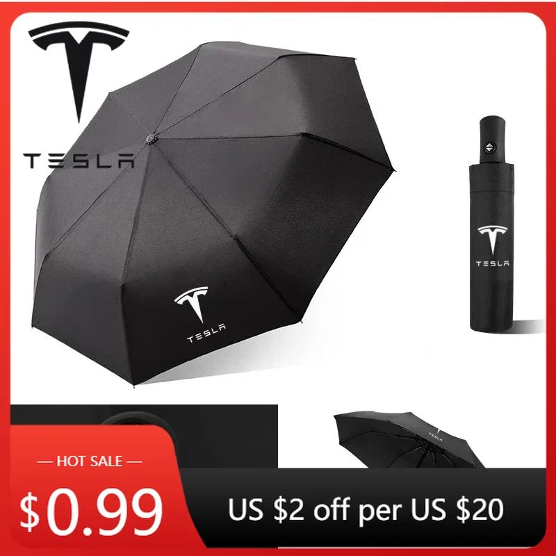 Autoaufkleber Tesla Auto Faltbarer Regenschirm Tragbarer Automatischer Sonnenschutz Für Tesla Emblem Model S Model X Model 3 Roadster Cybertuck A
