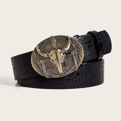 A Western Style Cow Head Buckle Peony Pattern PU Leather Belt Fashionable and Casual