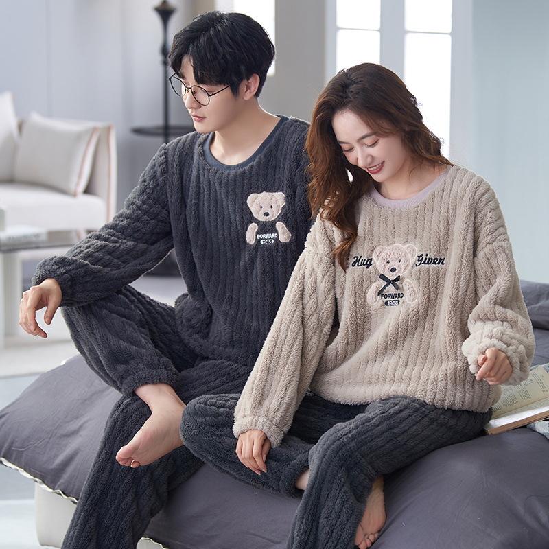 Couples' Cozy Flannel Pajama Set: Women's Plus Velvet, Men's Loose Fit, Warm Coral Fleece Homewear