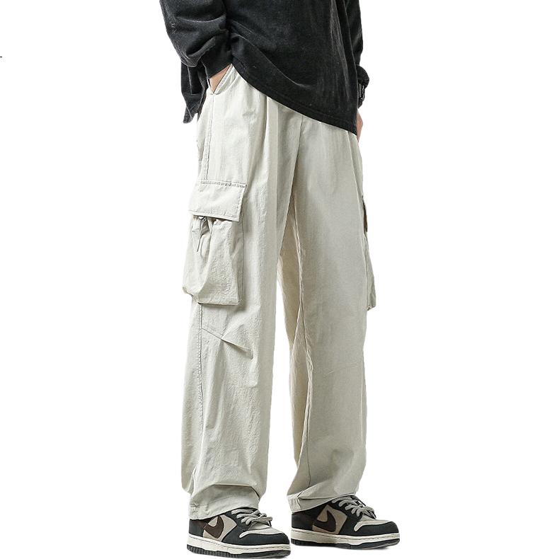 Dingfengbaoluo American Retro Wide-Leg Cargo Pants for Men, Spring Trendy Loose Versatile Straight Casual Trousers ZW48 Black L