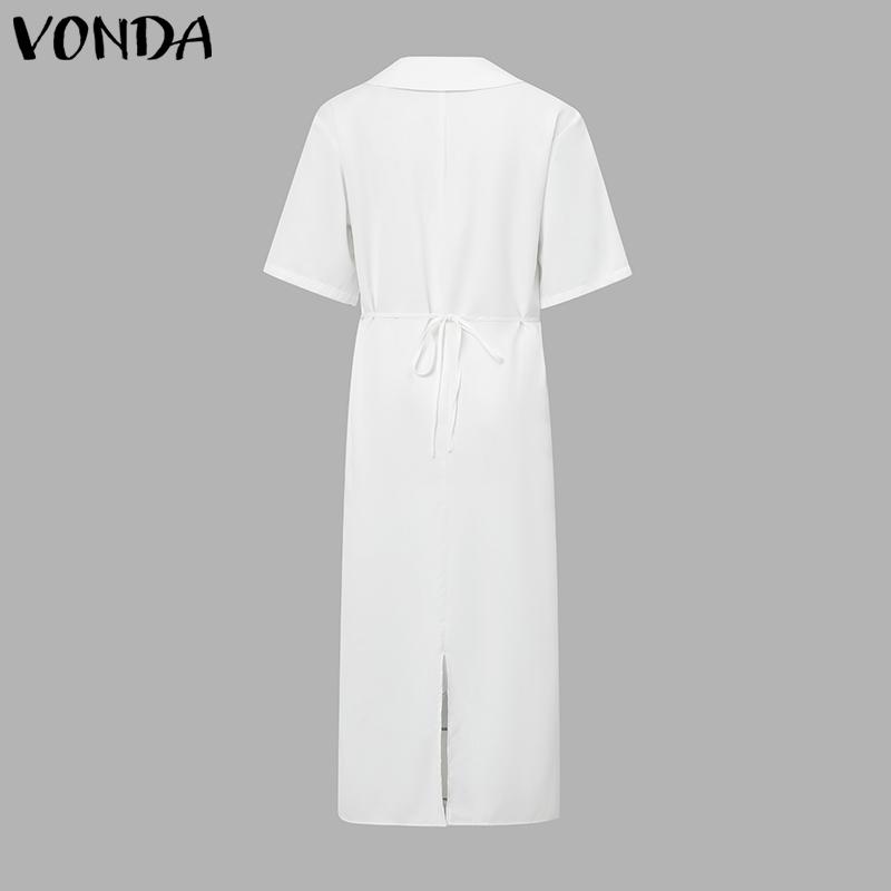 VONDA Summer Women V Neck Half Sleeve Floral Print Back Lace-up Casual Long Dress