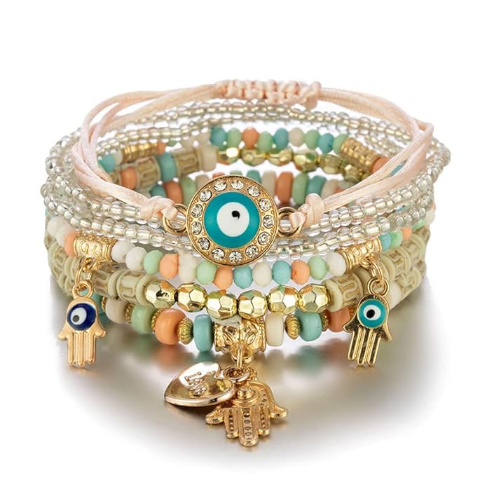 Bohemian Stackable Multilayer Hamsa Hand Evil Eye Lucky Protection Bracelets Multicolor Crystal Charm Beaded Bracelet for Women Girls