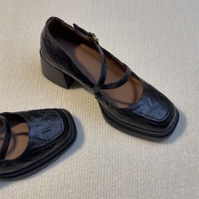 

Sheepskin version~ retro leather one-word buckle thick heel high heels women s spring square head Mary Jane shoes platform single shoes ladyshoes 40 чёрный