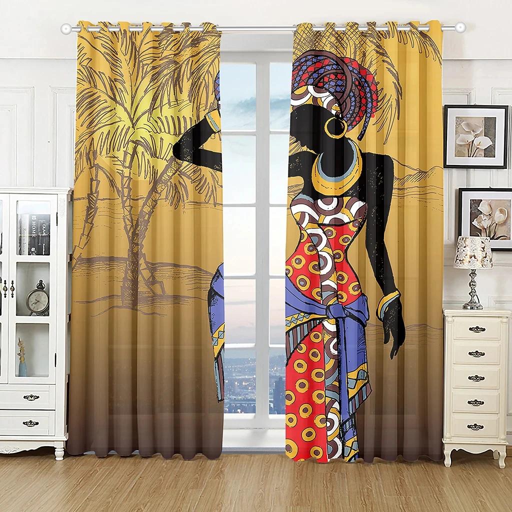 2 Pieces Ancient Ethnic African Woman Window Curtains Living Room Bedroom Kitchen Curtain Drapes Abstract Art Window Treatment