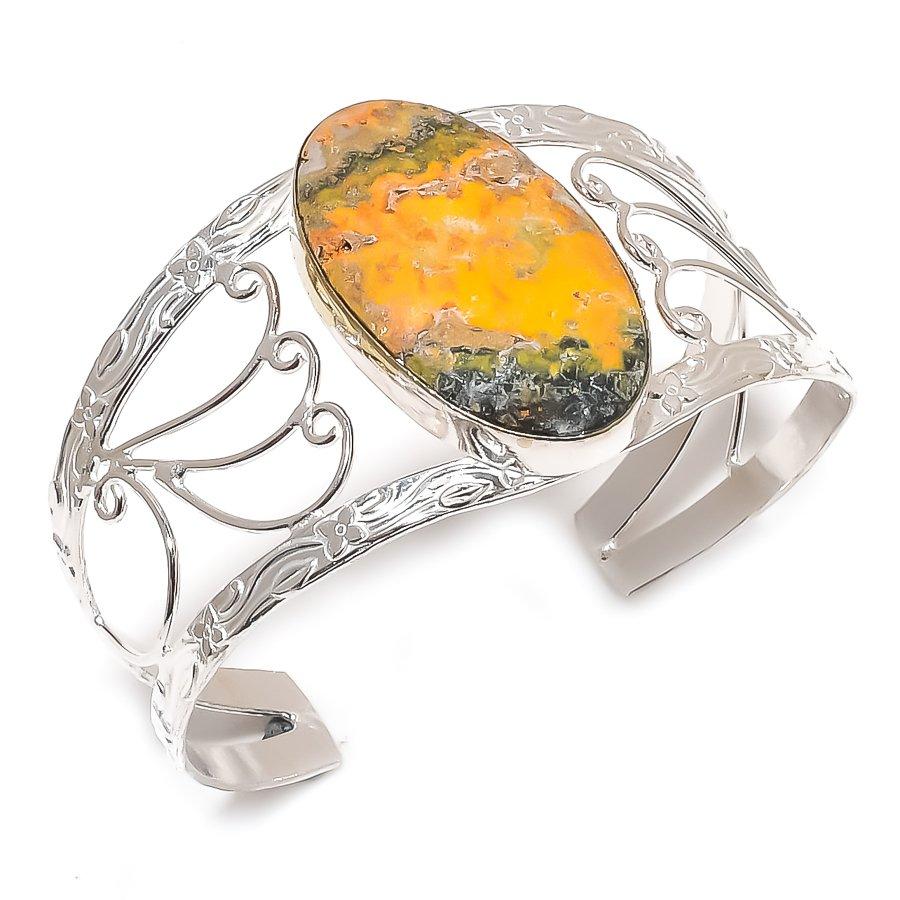 Bumble Bee Jasper Gemstone 925 Sterling Silver Cuff Bangle Adjustable