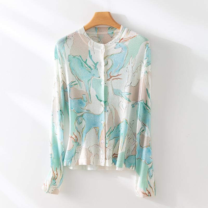 

Acetate wool blended printed knitted cardigan women s summer new loose versatile thin coat top M