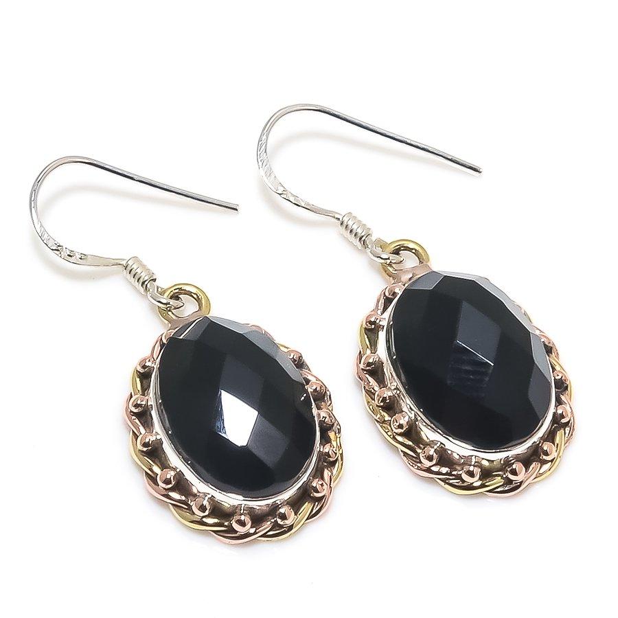 Natural Black Onex Gemstone 925 Solid Sterling Silver Jewelry Earring 1.25" W3S60