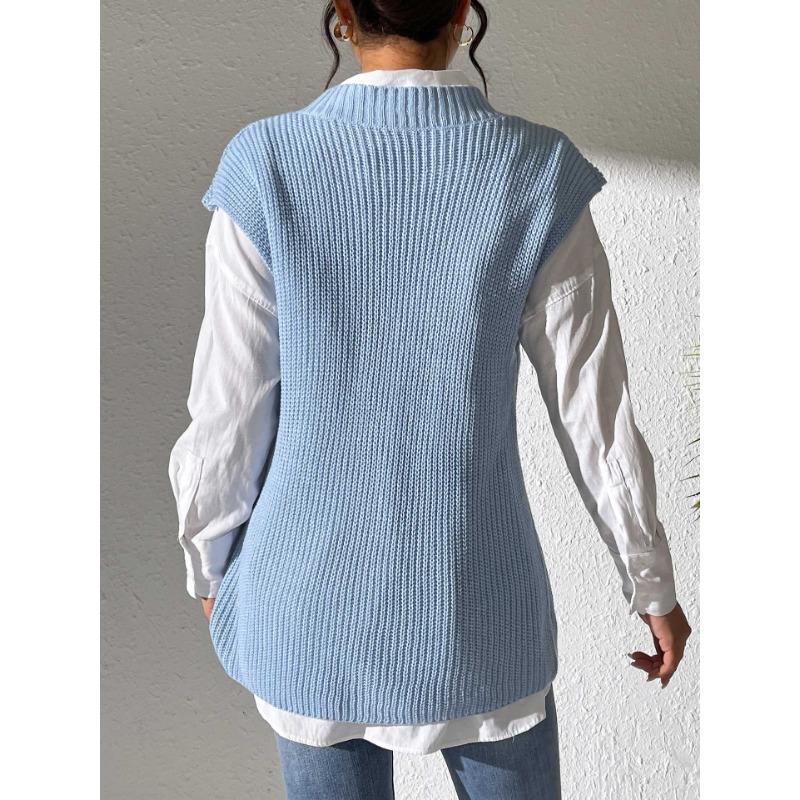 Women's Autumn and Winter V-Neck Simple Beaded Woven Sweater Vest