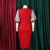 Large Size Women Fashion Mid Sleeves Patchwork Dress Ladies Elegant One Piece V Neck Sheath Dress