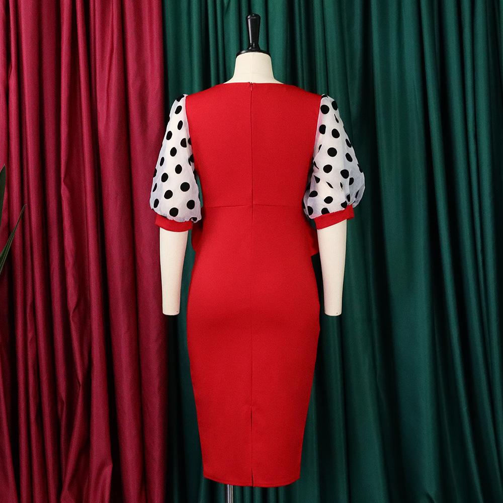 Large Size Women Fashion Mid Sleeves Patchwork Dress Ladies Elegant One Piece V Neck Sheath Dress