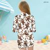 Girls High Neck Long Sleeve Front Zip Cartoon Printed Boyshort One Piece Swimsuit