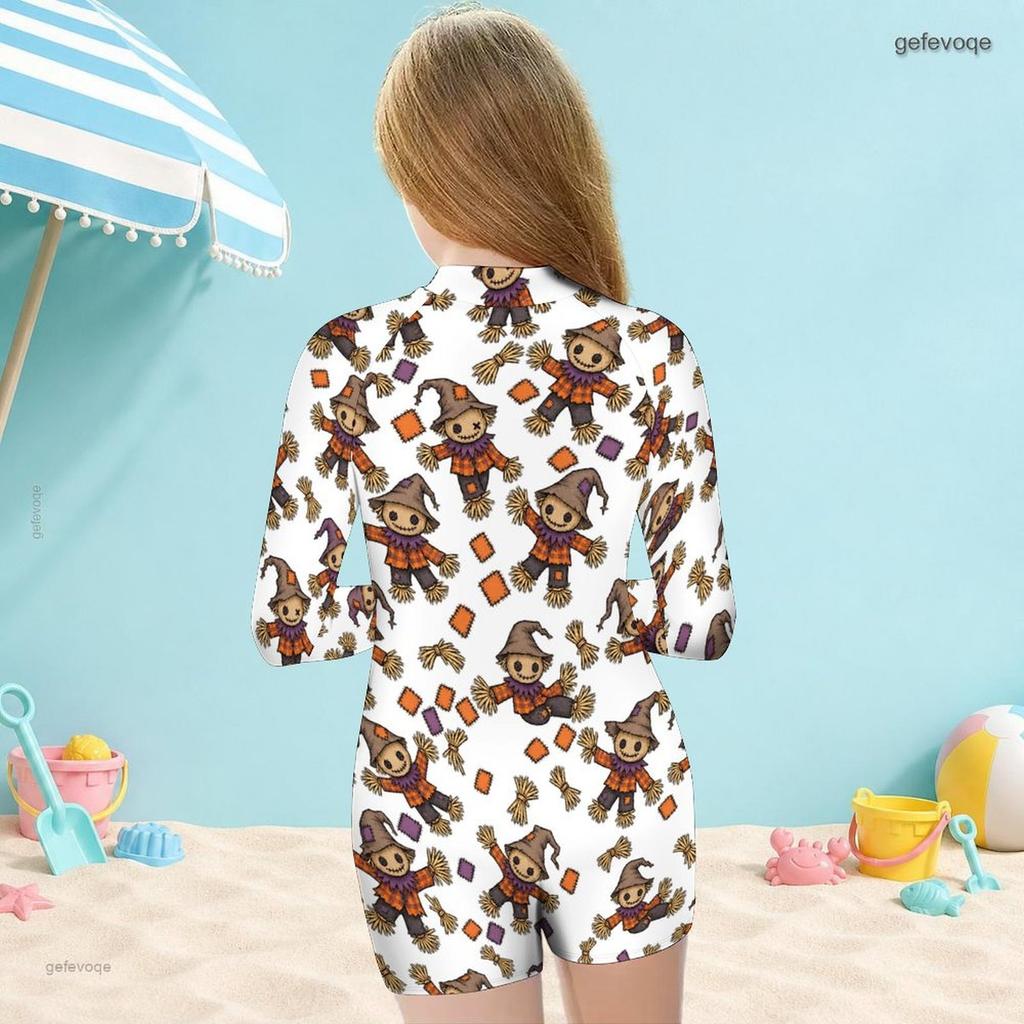 Girls High Neck Long Sleeve Front Zip Cartoon Printed Boyshort One Piece Swimsuit