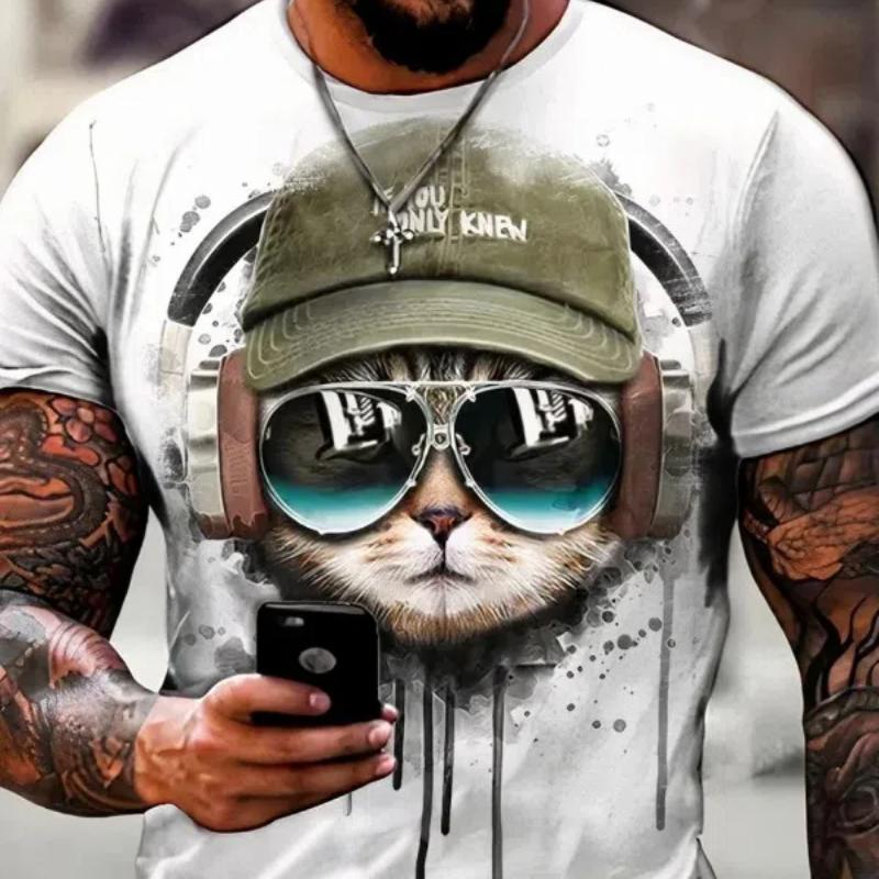 Male Trend Cat Element T Shirt For Men Daily Outdoor Fashion Regular Fit O-neck Short Sleeve Comfortable Material Clothing To