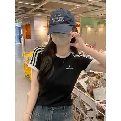 Right Shoulder Round Neck Contrast Striped Short-sleeved T-shirt for Women Summer Hot Girl Slimming Slim Raglan Short Top