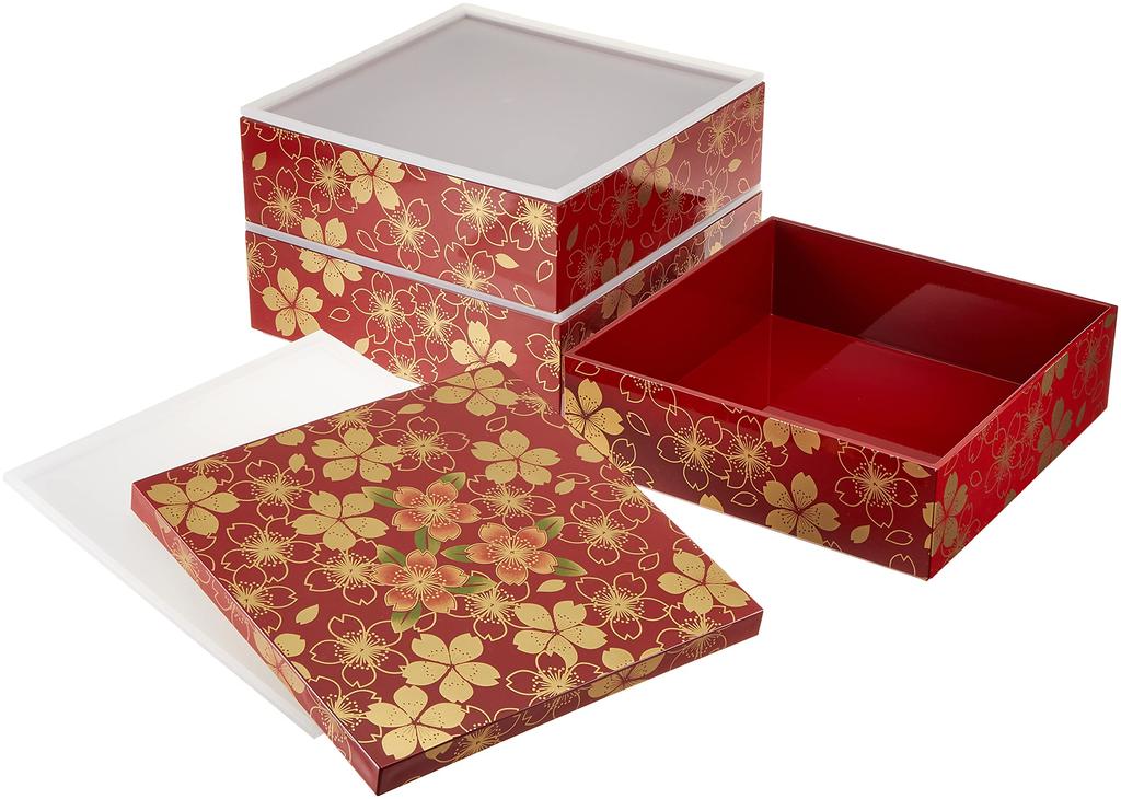 Maeju Lacquerware Jubako Hana no Mai Red with Traditional Yamanaka Serves Made in Product Number Three-Tiered Box, (Flower Dance) Stickers, Lacquer,