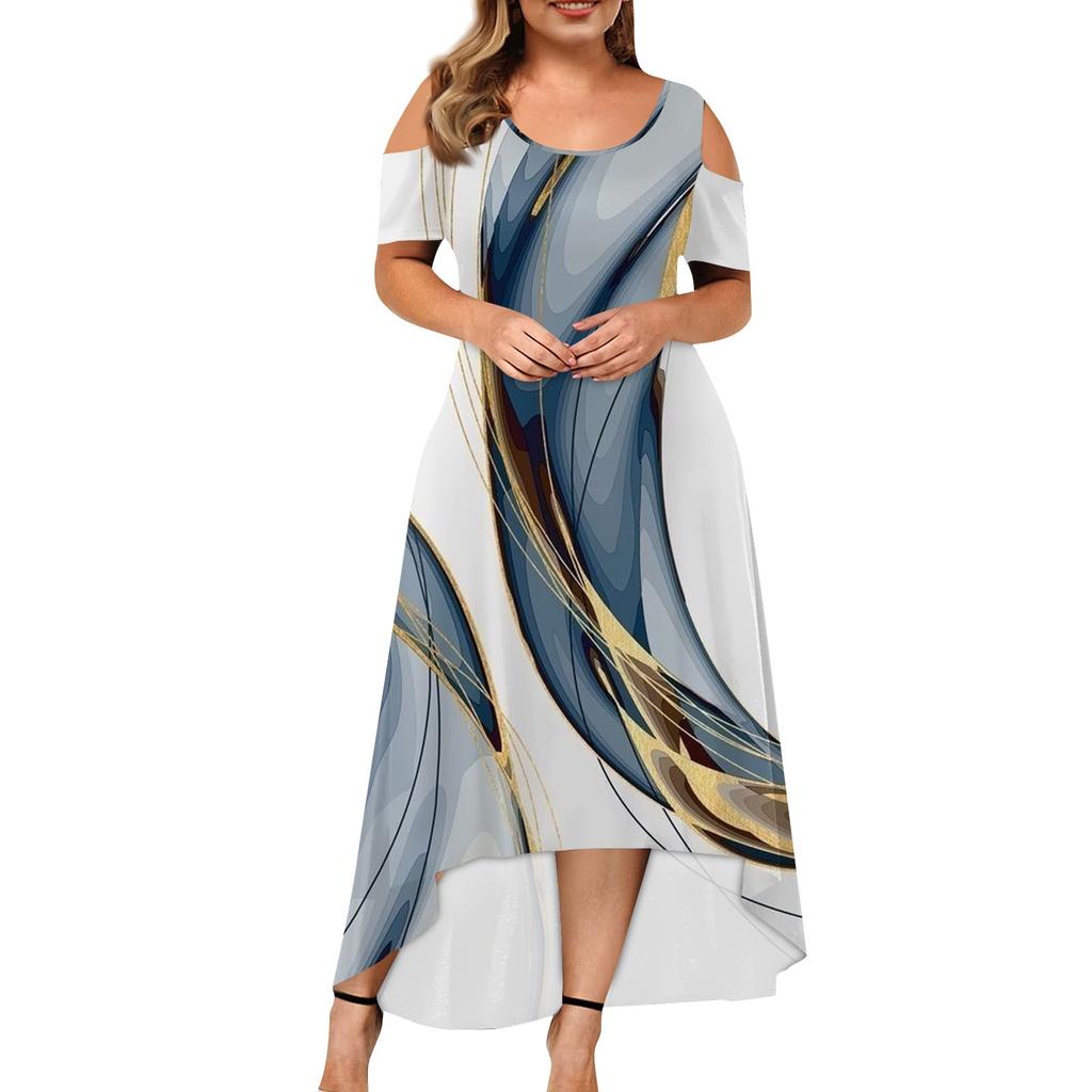 Damenkleid in großer Größe mit kurzen Ärmeln, modischem Druck, Rundhalsausschnitt, trägerlos und unregelmäßigem Saum